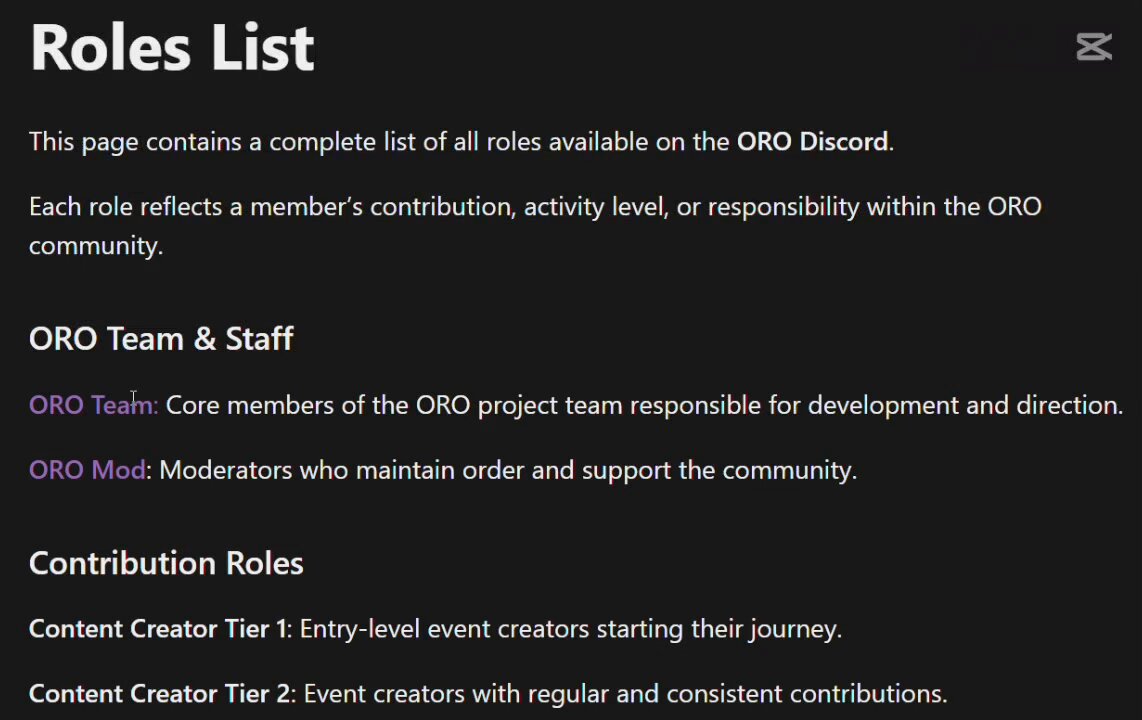 The image shows a page with text about roles available on the ORO Discord platform, specifically for the ORO Team & Staff. The text provides information about the team members involved in the project and their responsibilities within the ORO community. It also mentions that there are contribution roles available to content creators who want to contribute to the project's development and direction.