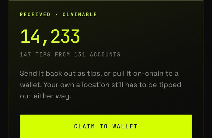 A dark-themed dashboard displays "RECEIVED · CLAIMABLE" in yellow text, showing 14,233 token tips from 147 tips across 131 accounts, with a yellow "CLAIM TO WALLET" button at the bottom. The image visually represents the $MOTION token earnings mentioned in the accompanying post, highlighting the user's claimable balance and the choice to either withdraw to a wallet or redistribute as tips.