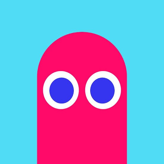 A minimalist digital illustration featuring a pink pill-shaped figure with large blue and white eyes centered against a solid turquoise background.