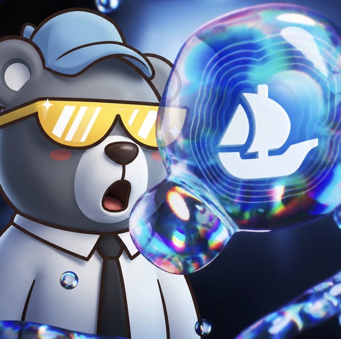 A stylized cartoon bear character wearing a blue cap, yellow sunglasses, and a tie, appearing surprised next to a large iridescent bubble containing a sailboat logo, set against a dark blue background.