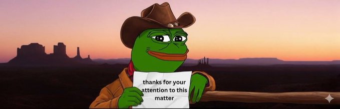 Pepe the Frog dressed as a cowboy in a desert sunset landscape with mesas, holding a sign that reads 'thanks for your attention to this matter'.