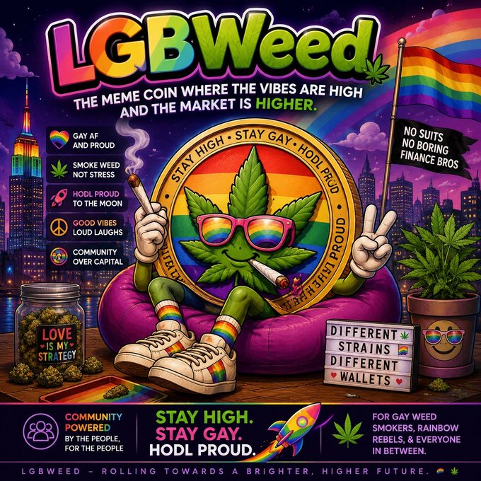 A vibrant promotional graphic for $LGBWeed features an anthropomorphic cannabis leaf wearing rainbow sunglasses, smoking a joint, and flashing a peace sign while lounging on a beanbag, with slogans like "STAY HIGH, STAY GAY, HODL PROUD" and "NO SUITS, NO BORING FINANCE BROS" reinforcing the meme coin's playful blend of LGBTQ+ pride, cannabis culture, and community-focused crypto branding.