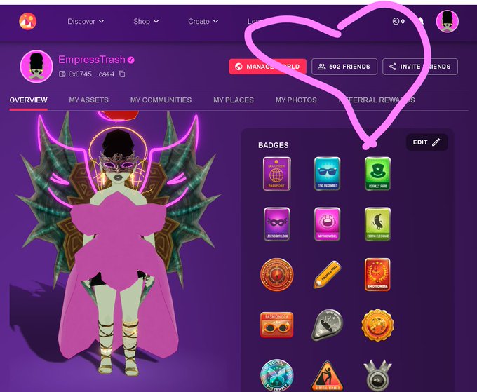 A screenshot of a Roblox profile for user 'EmpressTrash' (_x0745_ca44) featuring a character with green skin, pink hair, and a pink dress, with a pink heart drawn over the page.