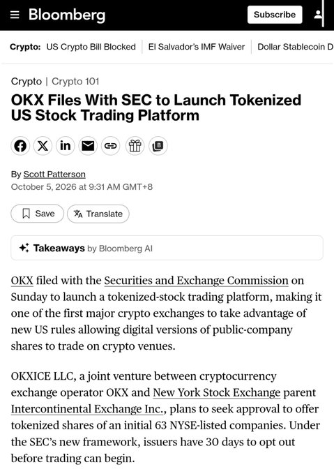 A Bloomberg news article titled 'OKX Files With SEC to Launch Tokenized US Stock Trading Platform' by Scott Patterson, dated October 5, 2026, discusses OKXICE LLC's plan to offer tokenized shares of 63 NYSE-listed companies.