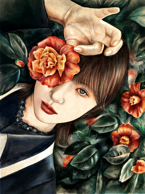 A detailed illustration depicts a young woman with brown hair and a black lace choker, her face partially obscured by a large orange-red camellia flower, while a large hand reaches down from above. Surrounding her are lush green leaves and additional camellia blooms, visually embodying the artwork's title "Flowers are the energy of the soul" by intertwining the subject with the vibrant floral elements.