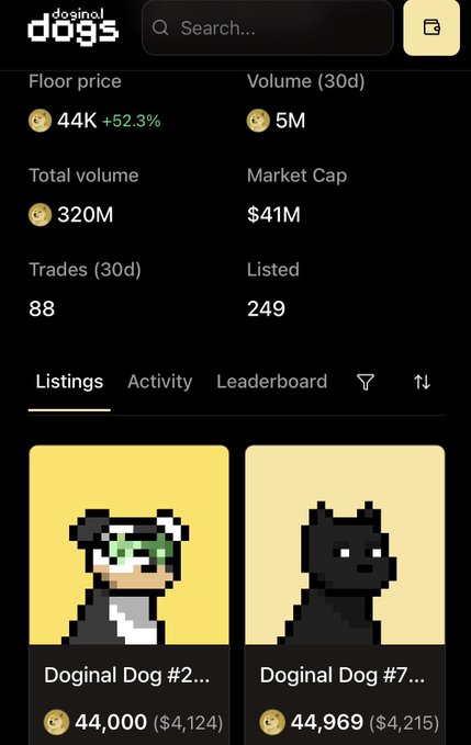 A cryptocurrency marketplace page for 'Doginal Dogs' NFTs showing a floor price of 44K (+52.3%), 5M volume, $41M market cap, and pixel art dog listings including 'Doginal Dog #2...' and 'Doginal Dog #7...'.
