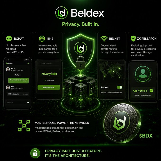 Promotional infographic for Beldex cryptocurrency featuring their privacy-focused ecosystem, including BChat (no phone number needed), BNS (human-readable .bdx names), BelNet (decentralized routing), and ZK Research, with the tagline 'Privacy. Built In.' and 'Privacy isn't just a feature. It's the architecture.'