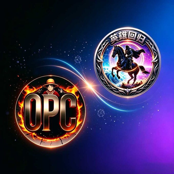 Two circular badges or logos: one featuring the letters 'OPC' with an anime character surrounded by flames, and another with a figure riding a horse against a cosmic background with Chinese text '英雄回归' (Hero Returns).