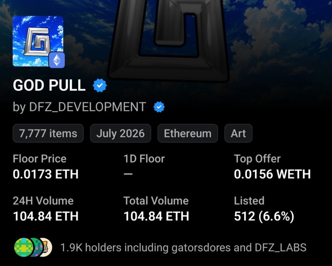 An NFT collection page shows 'GOD PULL' by DFZ_DEVELOPMENT with a floor price of 0.0173 ETH and 24H volume of 104.84 ETH.