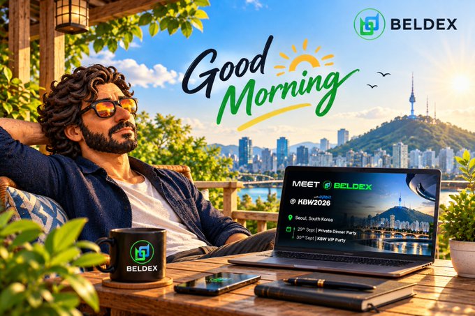 A 'Good Morning' promotional image for BELDEX featuring a relaxed man with sunglasses and a laptop displaying 'MEET BELDEX @ KBW2026' events in Seoul, South Korea, with a city skyline backdrop.