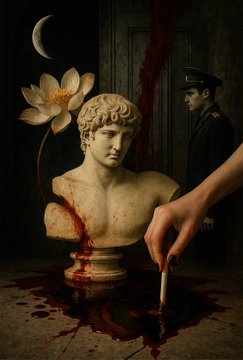 This surrealist painting features a bloodied classical bust, a large lotus flower, a crescent moon, and a man in uniform, with a hand dipping a cigarette into a pool of blood. The dark, dreamlike composition serves as a unique piece of art that exemplifies the "1/1" (one-of-one) concept mentioned in the post.