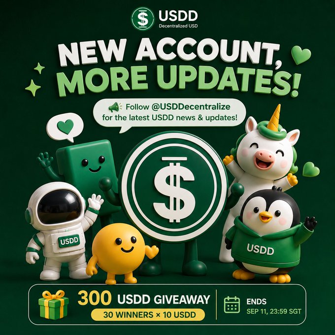 A vibrant promotional graphic for USDD (Decentralized USD) announces "NEW ACCOUNT, MORE UPDATES!" and encourages followers to follow @USDDecentralize for the latest news, featuring cute cartoon characters including an astronaut, unicorn, and penguin mascot around a USDD coin logo, along with a "300 USDD GIVEAWAY" promotion offering 30 winners × 10 USDD, ending Sep 11 at 23:59 SGT.