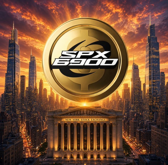 A dramatic golden-toned illustration of the New York Stock Exchange building beneath a glowing sunset sky, with a large gold coin bearing the 'SPX 6900' ticker/logo prominently featured in the center.
