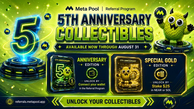 A Meta Pool Referral Program advertisement celebrating their 5th Anniversary with collectibles available through August 31, showing 'Anniversary Edition' and 'Special Gold Edition' rewards, unlocked by connecting a wallet or staking $25 in NEAR or SOL.