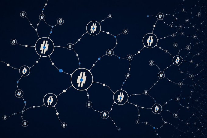 A dark blue digital illustration showing a network of connected nodes, each containing a stylized symbol resembling a hash or 'H' icon, representing a blockchain or cryptocurrency network.