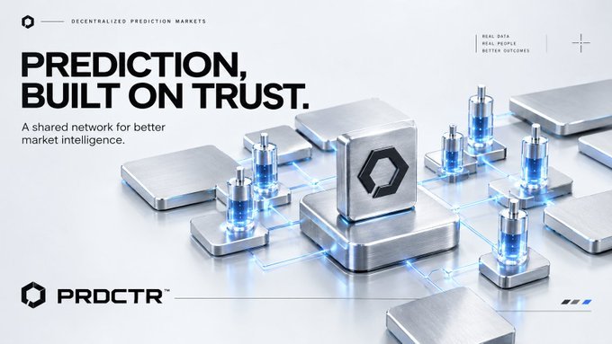 Promotional graphic for PRDCTR prediction markets, with the headline “PREDICTION, BUILT ON TRUST.” and subtitle “A shared network for better market intelligence”; smaller text includes “DECENTRALIZED PREDICTION MARKETS” and “REAL DATA REAL PEOPLE BETTER OUTCOMES.”