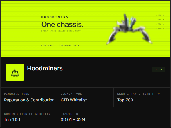 A webpage showing a Hoodminers NFT campaign called 'One chassis' with a neon green banner, free mint, redacted Robinhood chain info, GTD Whitelist reward type, and a countdown of 0D 01H 42M.