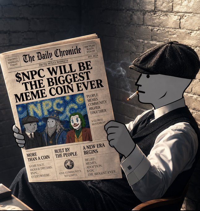 A gray cartoon-style character in a flat cap smokes a cigarette while reading "The Daily Chronicle," whose headline boldly declares "$NPC WILL BE THE BIGGEST MEME COIN EVER," alongside a Van Gogh Starry Night-inspired image featuring NPC figures and the Joker, reinforcing the $NPC meme coin community theme.
