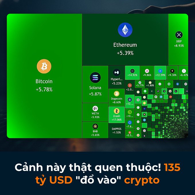 A cryptocurrency treemap visualization showing Bitcoin (+5.78%), Ethereum (+5.39%), Solana (+5.87%), XRP (+8.93%), and other altcoins, with Vietnamese text 'Cảnh này thật quen thuộc! 135 tỷ USD "đổ vào" crypto'.
