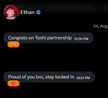 A direct message exchange with Ethan showing his supportive messages congratulating the user on a Toshi partnership at 12:30 PM ("Congrats on Toshi partnership") followed by an encouraging message at 12:51 PM ("Proud of you bro, stay locked in"), illustrating the post's point about highlighting positive rather than negative interactions with Ethan.