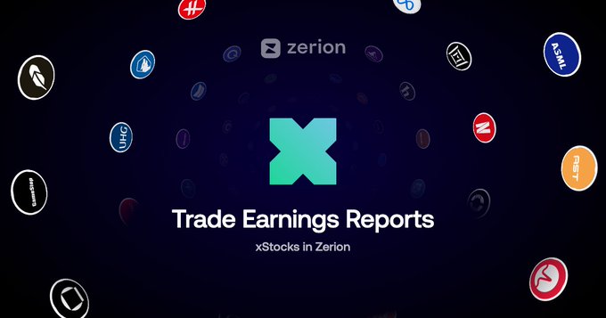 Zerion advertisement for 'Trade Earnings Reports' featuring xStocks, with a teal X logo surrounded by floating circular token icons.