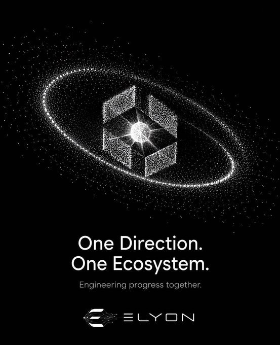 The image features a stylized cosmic design with a glowing geometric cube encircled by an orbital ring of particles against a black background, paired with the tagline "One Direction. One Ecosystem. Engineering progress together." and the Elyon logo. This visually reinforces the post's message about unified, continuous progress within the ELY/Elyon Web3 ecosystem, symbolizing alignment, innovation, and community momentum around a central shared vision.