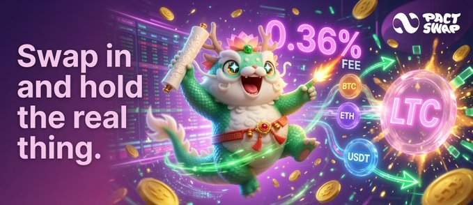 The image features a cartoon cat holding a sword and a shield while riding a dragon. The background is purple with neon lights, creating an exciting atmosphere. Below this scene, there's text that reads "Swap in and hold the real thing." This phrase suggests that the image represents a game or a concept related to swapping items using a character from a cartoon series as a metaphor for trading native tokens (LTC) for other cryptocurrencies like Bitcoin or Ethereum. The post also mentions the native LTC cross-chain functionality, which is an essential aspect of the game or concept being discussed in this image.