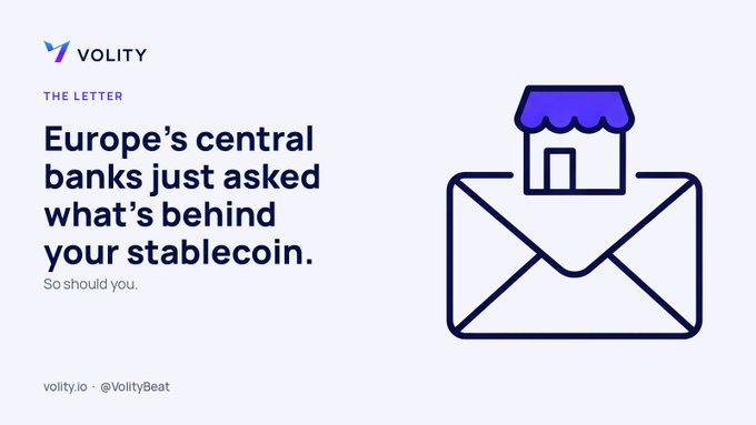 A Volity branded graphic featuring an illustration of an open envelope with a storefront shop inside, alongside text reading "THE LETTER: Europe's central banks just asked what's behind your stablecoin. So should you." The image visually reinforces the post's message that stablecoins are essentially promises, prompting scrutiny of the assets backing them as European regulators push for new liquidity-based reserve rules.