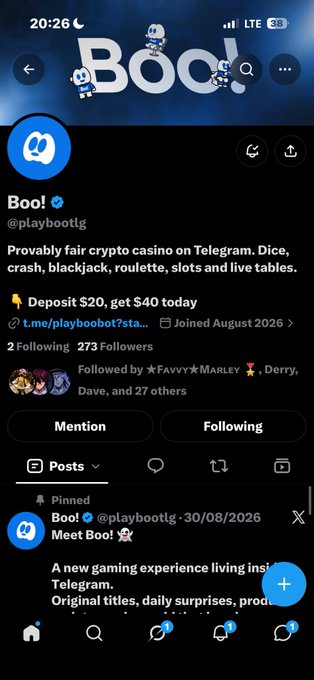 Twitter/X profile page for @playboottlg, advertising a crypto casino on Telegram with dice, crash, blackjack, roulette, slots, and live tables, offering 'Deposit $20, get $40 today'.