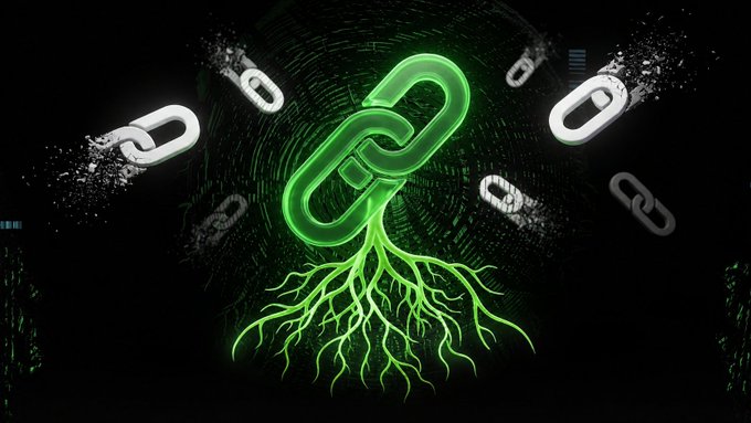 A digital graphic showing a glowing green chain link with roots extending downward, surrounded by smaller chain links breaking apart against a dark background.
