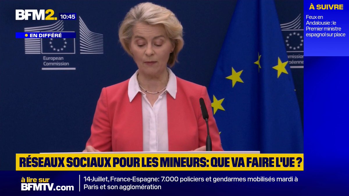 A BFM2 news broadcast shows European Commission President Ursula von der Leyen speaking at a podium, with the headline "RÉSEAUX SOCIAUX POUR LES MINEURS: QUE VA FAIRE L'UE?" (Social media for minors: what will the EU do?), illustrating the EU's stance on age verification for social media that the poster is protesting by refusing to obtain an eID.