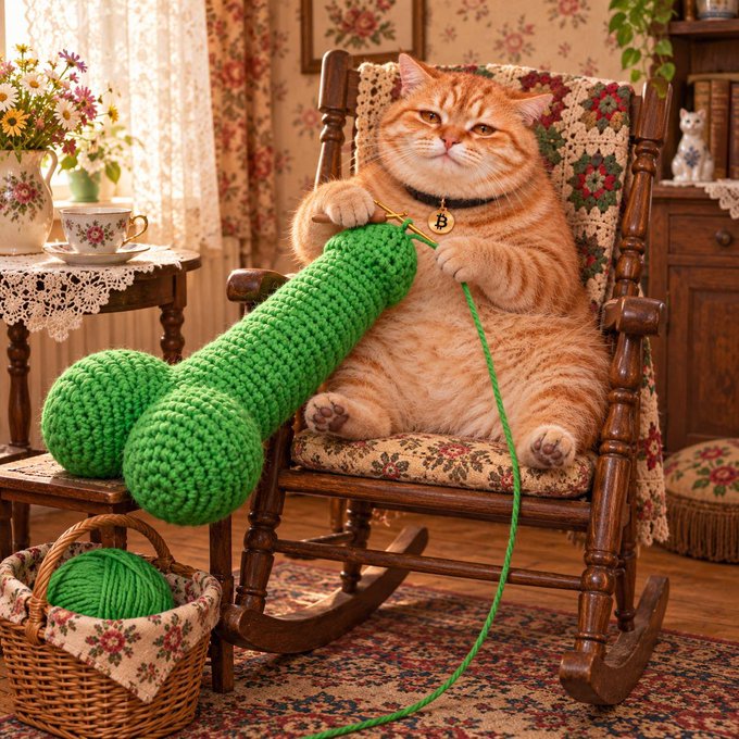 An orange tabby cat sits contentedly in a wooden rocking chair, knitting a giant green scarf with crochet needles and yarn.