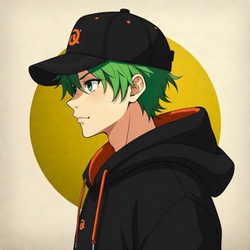 An anime-style illustration of a green-haired character wearing a black and orange cap, viewed in profile against a yellow circular background.