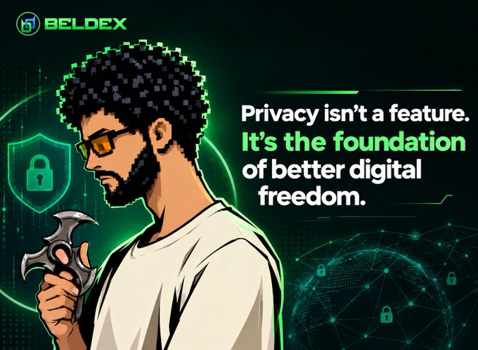 Pixel-art style advertisement for BELDEX featuring a bearded character with glasses, captioned 'Privacy isn't a feature. It's the foundation of better digital freedom.' against a green tech-themed background.