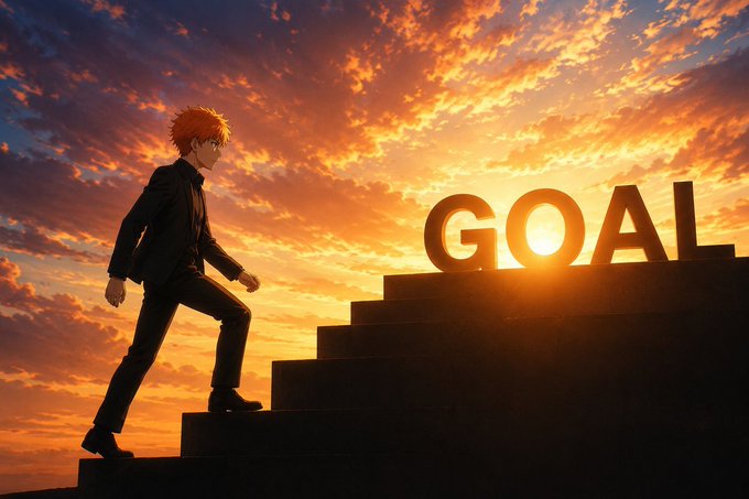 An anime-style silhouette of a young man in a suit walking up stairs toward large 3D letters spelling 'GOAL' against a vibrant orange and purple sunset sky.