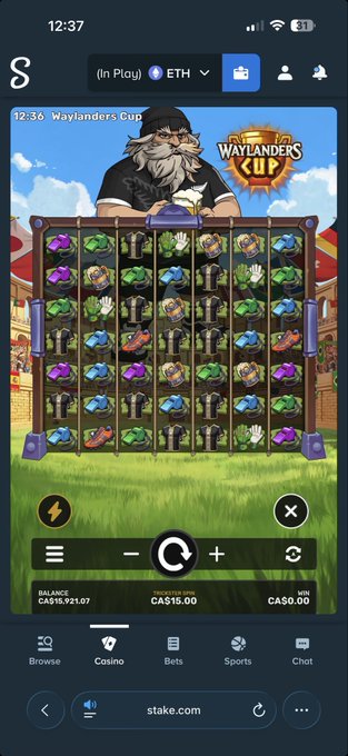 A mobile screenshot of a Stake.com slot game titled "Waylanders Cup" showing a balance of C$96,921.07 after a winning spin, with the gameplay reflecting the poster's success of turning a few spins into a substantial balance to buy multiple lawn mowers. The "Waylanders Cup" slot features colorful symbols including axes, shields, and cloaked figures on a wooden reel background.