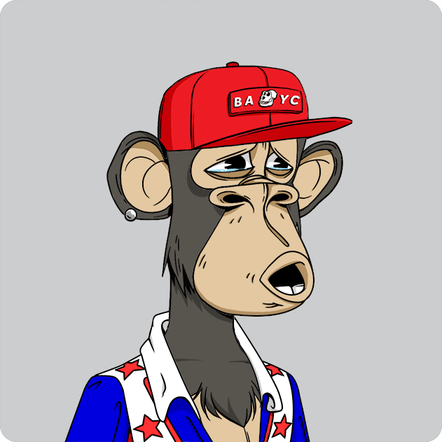 A cartoon ape character with a tired, weary expression wears a red "BAYC" (Bored Ape Yacht Club) cap, alongside a blue jacket adorned with red stars—visually evoking the "Burned Ape Yacht Club" theme, likely a tongue-in-cheek nod to the popular NFT collection BAYC.