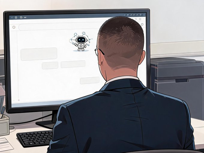 A man in a suit sits at a desk, viewed from behind, facing a large computer monitor displaying a chatbot interface with various message bubbles, illustrating the overwhelming customer support demand mentioned in the post.