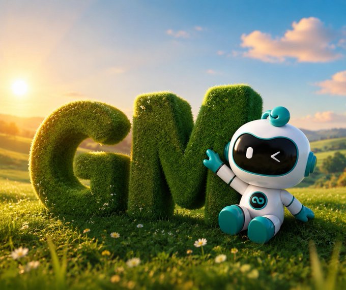 A cute teal and white robot mascot sits beside large grass-topiary letters spelling "GM" (Good Morning) in a sunny, flower-filled meadow, visually echoing the optimistic "planting seeds today, harvesting gains tomorrow" message tied to #TrustZoomex.
