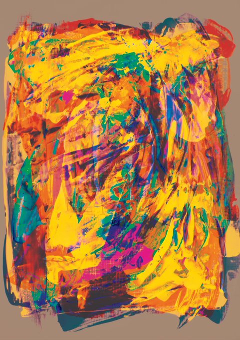 An abstract expressionist painting featuring vibrant, chaotic brushstrokes of yellow, orange, red, pink, teal, and blue set against a tan background.
