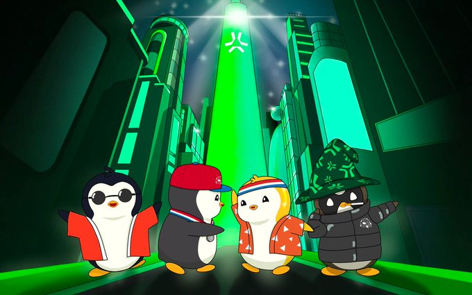 An illustrated image showing four cartoon penguin characters wearing different outfits and accessories (sunglasses, baseball cap, headband, wizard hat) standing in a green-lit futuristic cityscape.