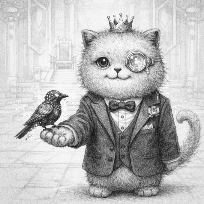 Detailed pencil drawing of a cute fluffy kitten wearing a formal suit, bow tie, monocle, and small crown, holding a black raven on its paw in a grand hall setting.