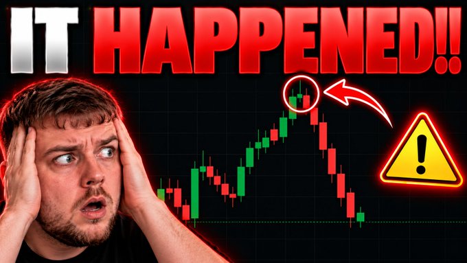 A worried man stands beside a red-and-green Bitcoin-style candlestick chart that peaks and then sharply drops, with the circled reversal and warning symbol emphasizing danger. Large text reads “IT HAPPENED!!,” matching the post’s scary Bitcoin market outlook and giveaway message.