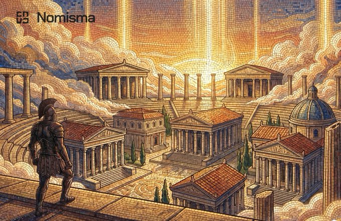 A mosaic-style digital illustration showing a Roman warrior in armor overlooking a classical city with temple-like buildings, columns, and dramatic clouds at sunset, with the 'Nomisma' logo and text in the top left corner.