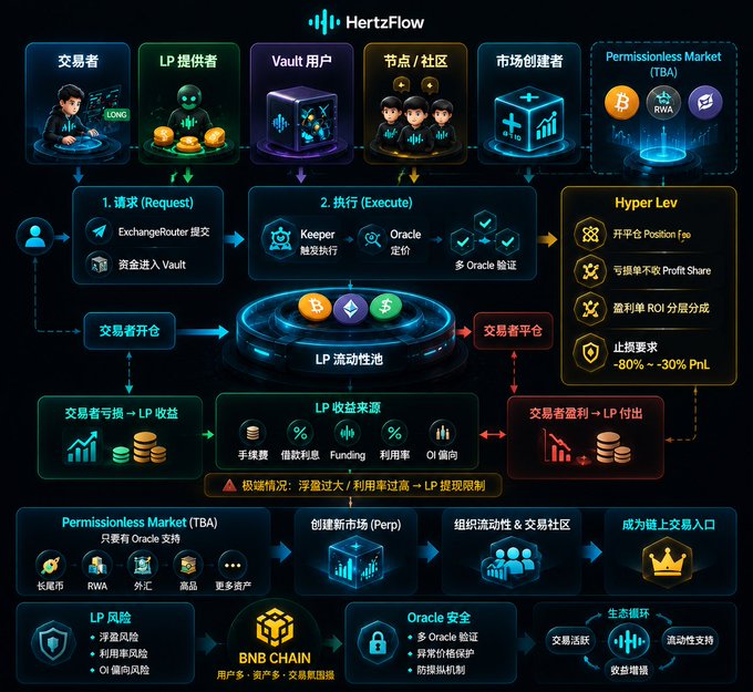 A complex digital diagram titled "HertzFlow" illustrates an ecosystem with Chinese text, depicting users like Traders ("交易者"), LP Providers ("LP 提供者"), and Vault Users ("Vault 用户") connected to a central liquidity pool ("LP 流动性池") and featuring BNB Chain, Ethereum, and USDC logos.