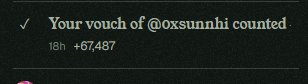 Notification screenshot reading '✓ Your vouch of @oxsunnhi counted. 18h +67,487' confirming a successful contribution to the commons airdrop.