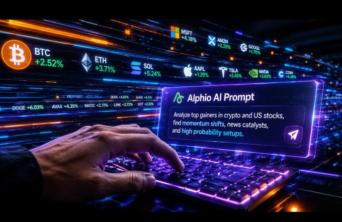 A futuristic tech graphic showing hands typing on a glowing keyboard with crypto and stock tickers (BTC, ETH, SOL, MSFT, AAPL, TSLA, NVDA, AMZN, GOOGL, COIN, DOGE, AVAX, MATIC, LINK, DOT) and an 'Alpho AI Prompt' box that reads 'Analyze top gainers in crypto and US stocks, find momentum shifts, news catalysts, and high probability setups.'