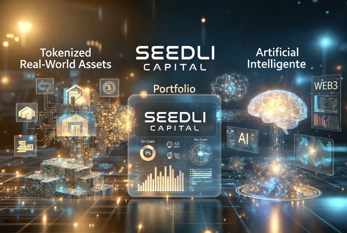 Promotional graphic for SEEDLI CAPITAL featuring a portfolio dashboard, with surrounding text highlighting 'Tokenized Real-World Assets' on the left and 'Artificial Intelligence' alongside AI, Web3, and digital brain imagery on the right.