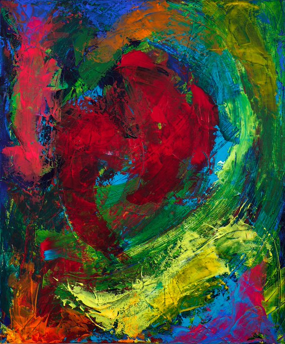 A vibrant abstract painting dominated by a large red shape in the center, surrounded by expressive brushstrokes of green, yellow, blue, and orange.