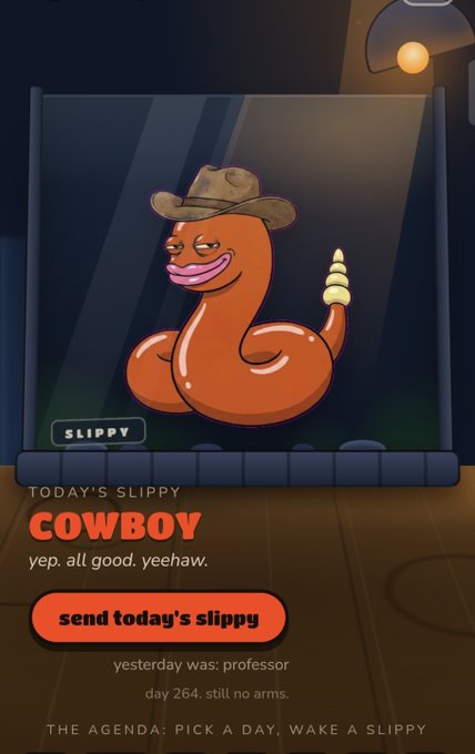 Mobile game screen showing a cartoon worm character wearing a cowboy hat labeled 'SLIPPY', with text 'TODAY'S SLIPPY COWBOY' and 'yep. all good. yeehaw.'